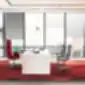 LD Seating Harmony Modern kėdės vadovo kabinete su raudonu kilimu, dideliais langais ir šiuolaikiniais baldais.